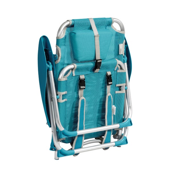 Zusammengeklappter Strandstuhl aus Aluminium und Textil in Türkis mit Tragegurten.