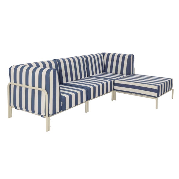Modernes gestreiftes Garten-Ecksofa mit Stoffpolstern und einem Metallgestell, inklusive Chaiselongue-Element.