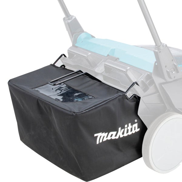 Schwarzer Grasfangkorb für Rasenmäher aus Kunststoff und Textil mit Tragegriffen.