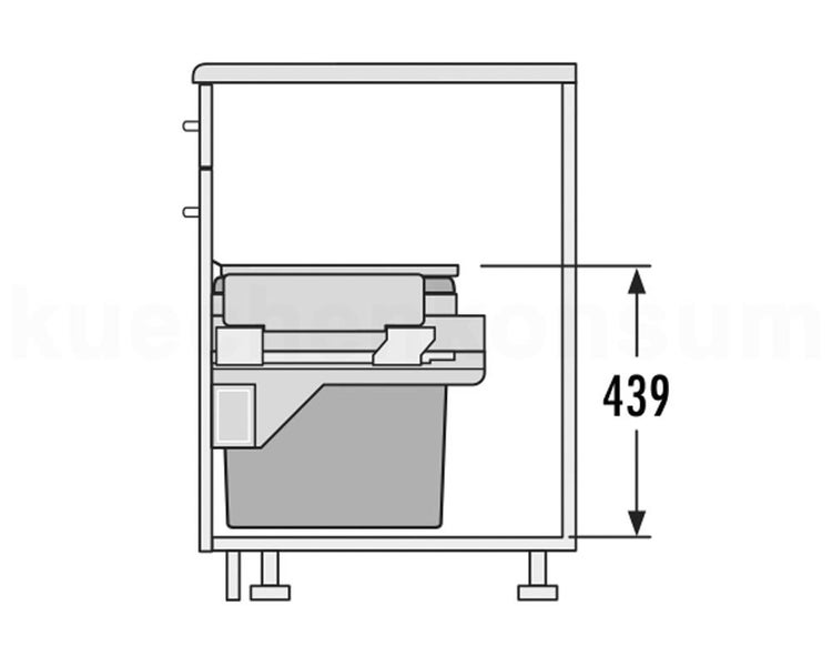 Technische Zeichnung eines Küchenunterschranks mit integriertem Abfallsystem und einer Maßangabe von 439 Millimetern für die Einbauhöhe.