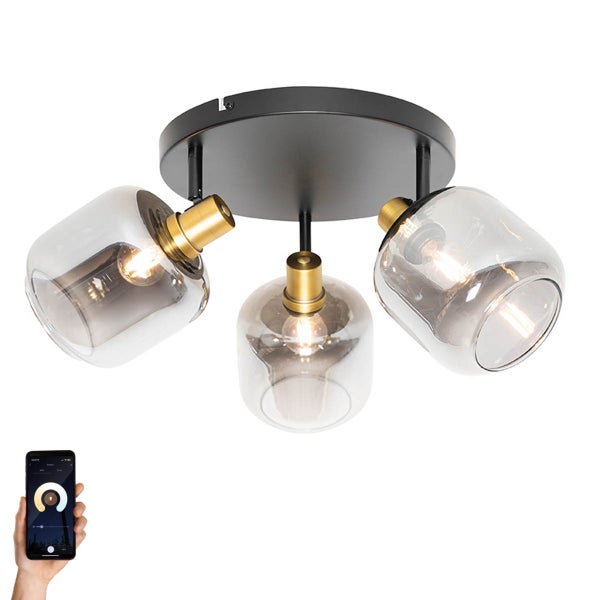 Smart Deckenstrahler Schwarz mit Gold und Rauchglas inkl. 3 Wifi P45 - Zuzanna