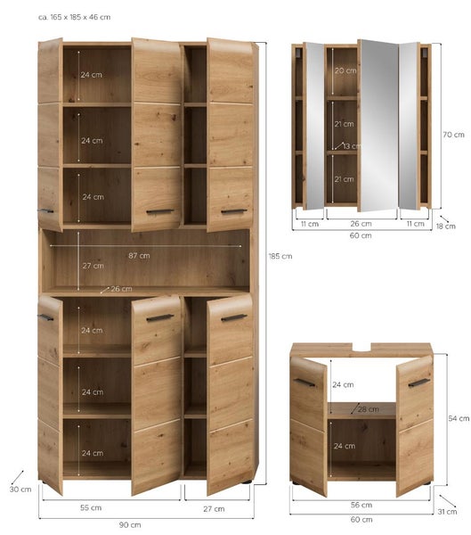 Badezimmermöbel-Set in Holzoptik mit Maßangaben in Zentimetern. Bestehend aus Hochschrank, Spiegelschrank und Waschbeckenunterschrank.