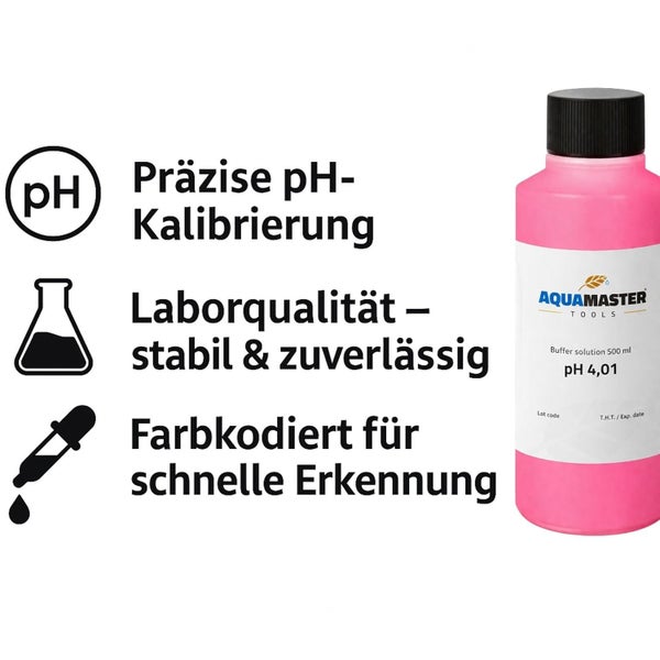 Aquamaster Tools pH-Pufferlösung 4,01 in 500 Milliliter Flasche für präzise Kalibrierung, stabil und farbcodiert in Laborqualität.