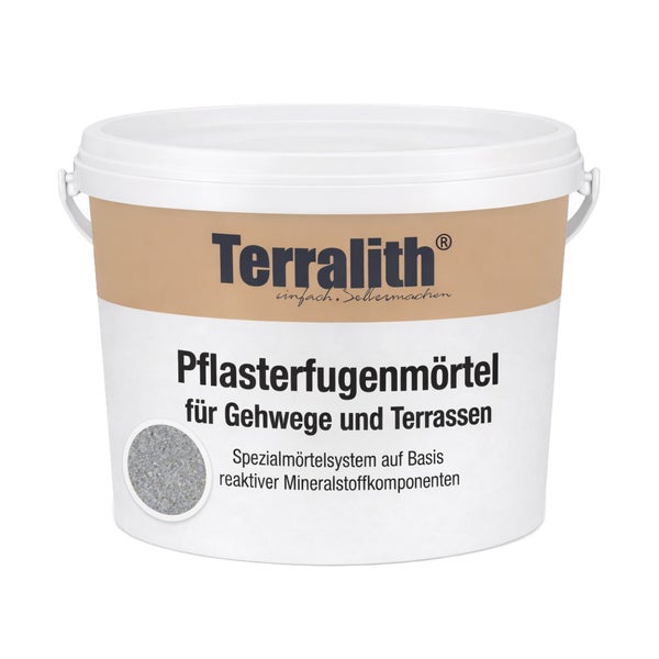 Terralith Pflasterfugenmörtel für Gehwege und Terrassen im Kunststoffeimer mit Detailansicht der Körnung.
