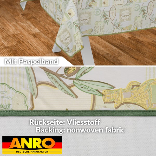 Tischdecke mit Olivenöl-Motiv und Paspelband