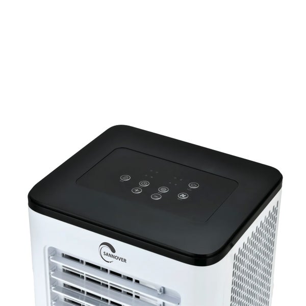 Draufsicht auf ein mobiles Sannover Luftkühlgerät mit schwarzem Bedienfeld, Touch-Tasten für Einstellungen und dem Sannover Logo.