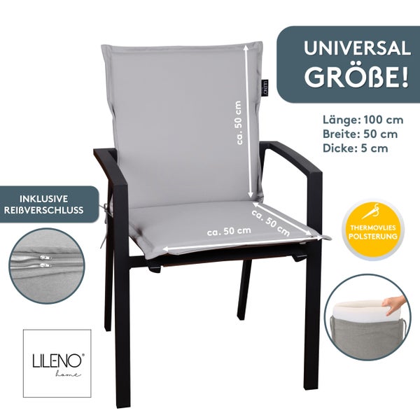 Lileno Home Gartenstuhl-Auflage mit Reißverschluss und Thermovlies, Länge circa 100 Zentimeter, Breite 50 Zentimeter, Dicke 5 Zentimeter.