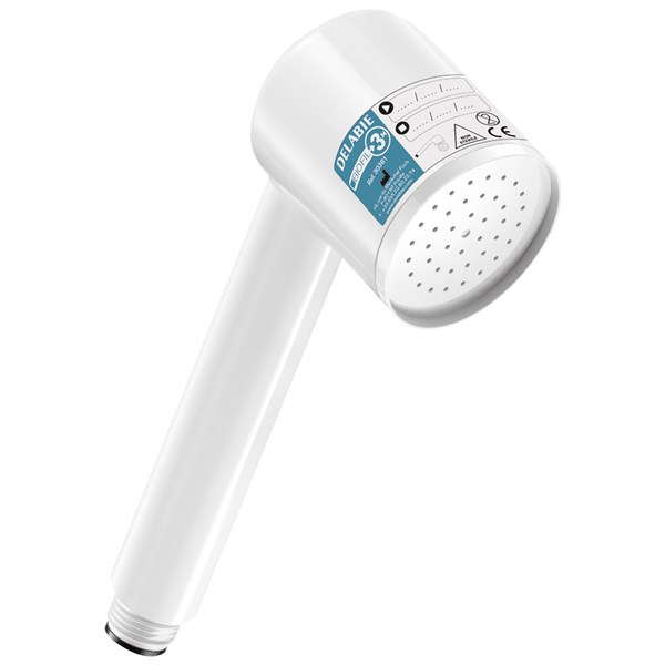 Weiße Handbrause aus Kunststoff mit integriertem antibakteriellem Filter, Modell Delabie Biofil.