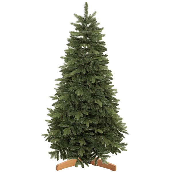 Künstlicher Weihnachtsbaum mit realistischem Nadeldesign auf einem Holzständer