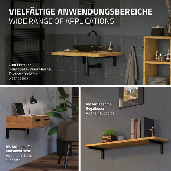 ML-Design 2er Set Wandkonsole Winkel L-Form für Waschtisch, 300x150 mm Schwarz Stahl, Design Waschtischhalterung, Wandhalterung für Waschtischplatte Waschbecken, Konsolenträger Regalträger Regalhalter