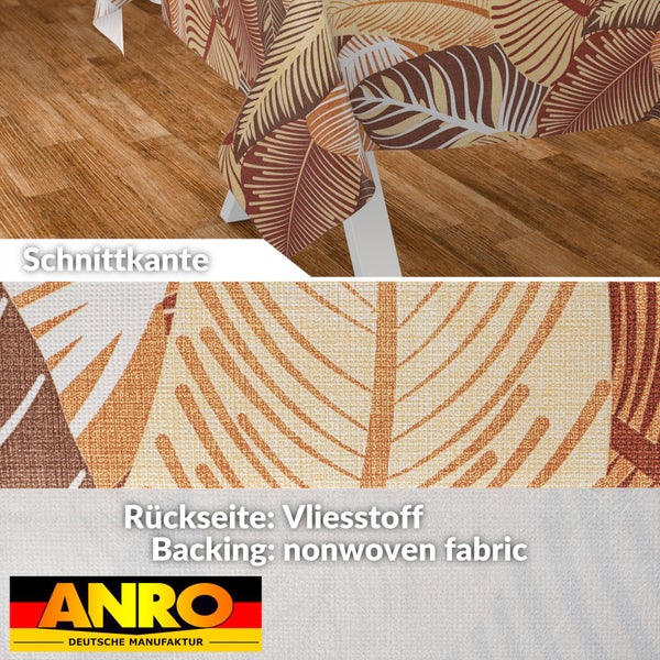 Detailansicht einer Tischdecke mit Blattmuster, Schnittkante und Rückseite aus Vliesstoff. ANRO Deutsche Manufaktur Logo.