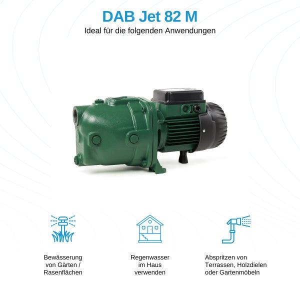 DAB Jet 82 M Gartenpumpe mit Anwendungsbeispielen: Gartenbewässerung, Regenwassernutzung im Haus und Reinigung von Terrassen.