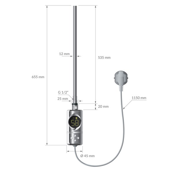Maßzeichnung für einen elektrischen Heizstab mit digitalem Display und Steuerung, Gesamtlänge 655 mm, Anschluss G 1/2 Zoll, Kabellänge 1150 mm.