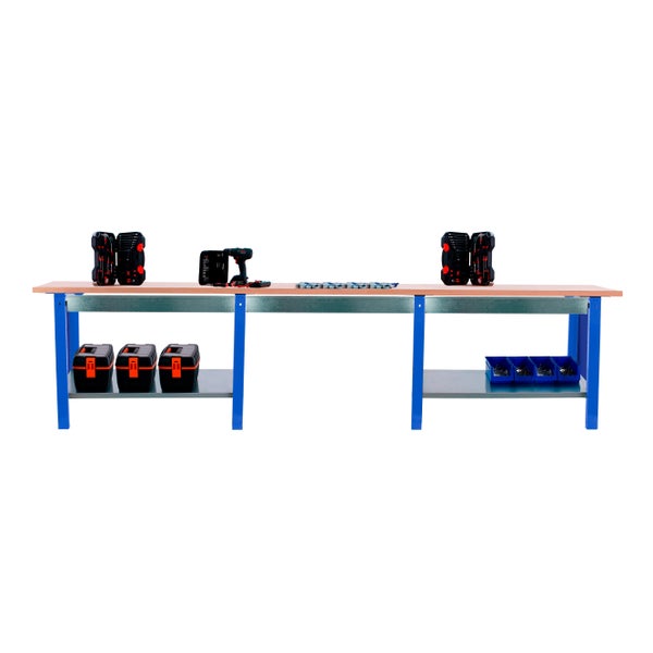 Werkbank BUFFALO WOOD mit 3x Schublade| HxBxT 86,5x300x75cm | Traglast 1000kg | Blau