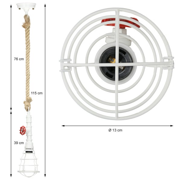 ECD Germany Hängelampe 1 flammige Hängeleuchte mit E27 Fassung, 115 cm, Ø13 cm, Weiß/Braun, Metall/Hanfseil, Wasserrohr, Vintage/Retro, Industrial Design, Pendelleuchte Pendellampe Leuchte Lampe
