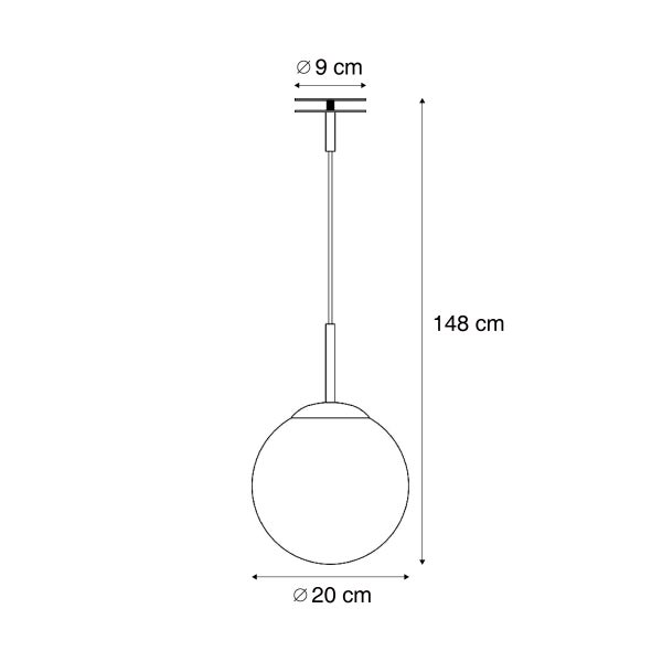 Technische Zeichnung einer runden Pendelleuchte mit Maßangaben von 20 Zentimeter Durchmesser und 148 Zentimeter Höhe.
