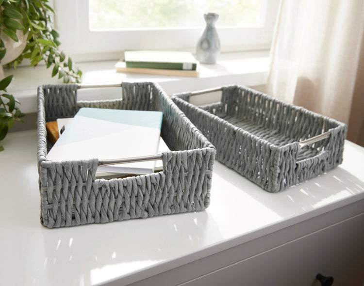 FRANK FLECHTWAREN | Schale Grau, 2er Set, PAPIERSCHNUR, METALL, 29 x 19 x 8 cm, 33 x 23 x 10 cm
