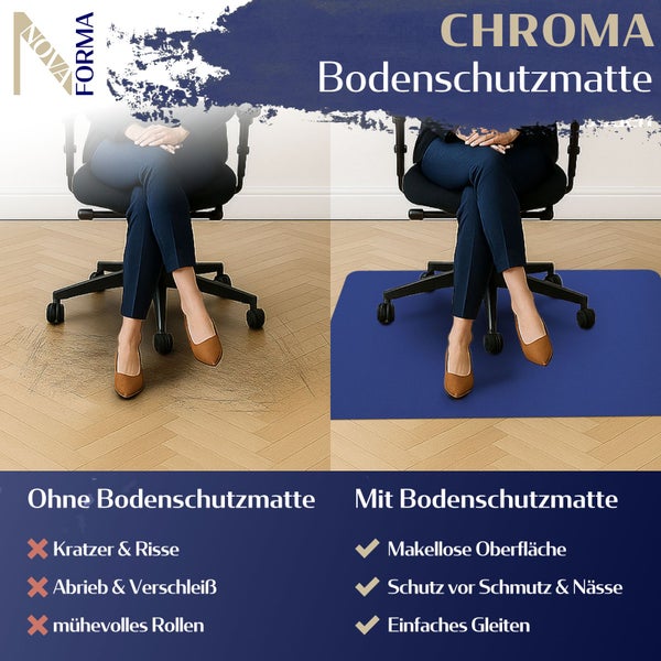 Vorher-nachher-Darstellung einer Bodenschutzmatte unter einem Bürostuhl.
