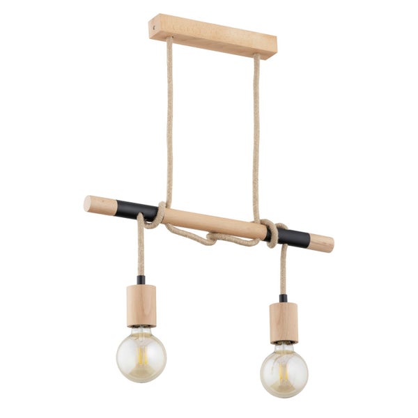 Zweiflammige Pendelleuchte aus Holz und Seil im Vintage Stil mit zwei frei hängenden E27 Leuchtmitteln