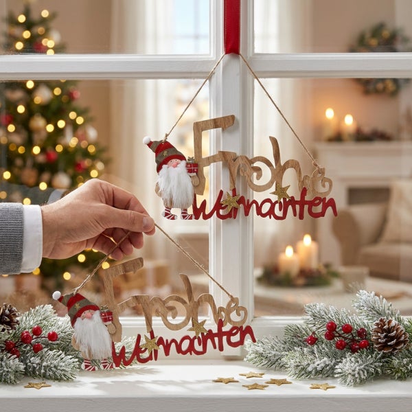 Holz Fensterhänger mit Frohe Weihnachten Schriftzug und Weihnachtsmann Figur zur weihnachtlichen Fensterdekoration