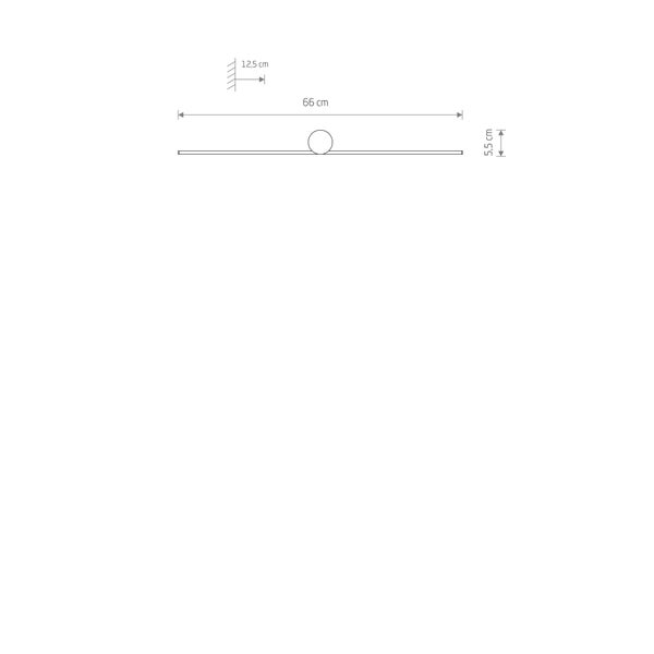Masszeichnung einer Wandleuchte mit Abmessungen: Breite 66 Zentimeter, Wandabstand 12,5 Zentimeter, Höhe 5,5 Zentimeter.