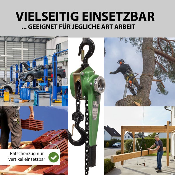 Ratschenzug mit 1500 Kilogramm Tragkraft im Einsatz bei verschiedenen Handwerksarbeiten wie Autoreparatur, Baumpflege und Holzbau.