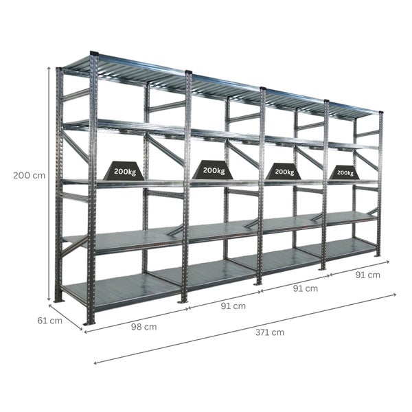 Metallregal mit vier Ebenen und den Maßen 371 cm x 200 cm x 61 cm, maximale Traglast 200 kg
