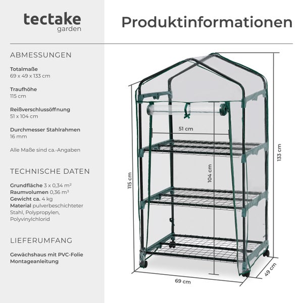Foliengewächshaus tectake  69 x 49 x 133 cm 0,36 m³, auf Rollen transparent