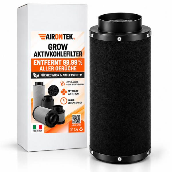 Airontek Grow Aktivkohlefilter zur Geruchsentfernung in Growboxen und Abluftsystemen inklusive Produktverpackung
