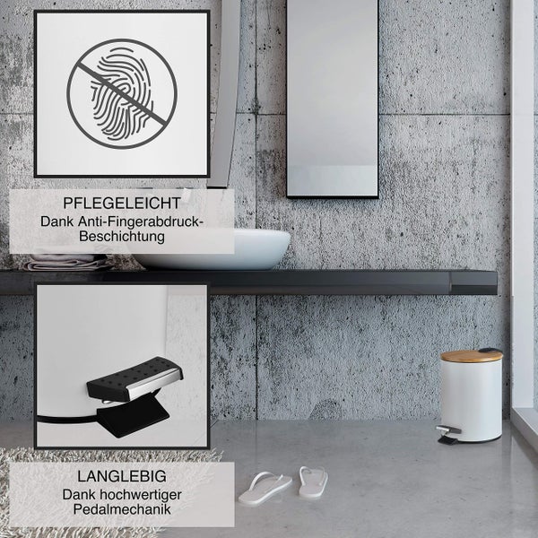 VMbathrooms 3L Kosmetikeimer in edlem weißem Design | Tretmülleimer mit Absenkautomatik (Soft Close) | Eleganter Eimer fürs Bad mit Innenbehälter und Bambus-Holzdeckel
