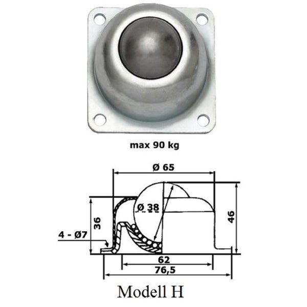 Kugelrolle Modell H mit einer Traglast von maximal 90 Kilogramm inklusive technischer Zeichnung mit Maßangaben in Millimetern.