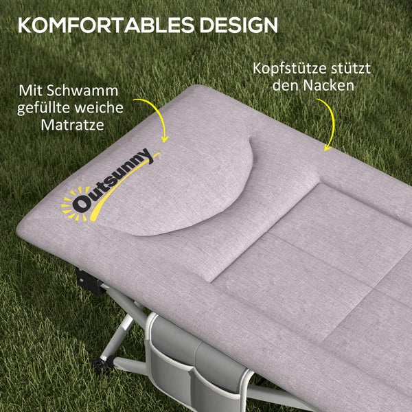 Outsunny Feldbett, Faltbares Campingbett mit Aufbewahrungstasche, Campingliege mit Tragetasche, bis 200 kg belastbar, Oxford, Grau, 200 x 65 x 42 cm