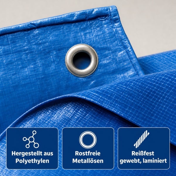 Abdeckplane aus Polyethylen mit rostfreien Metallösen, reißfest gewebt und laminiert.