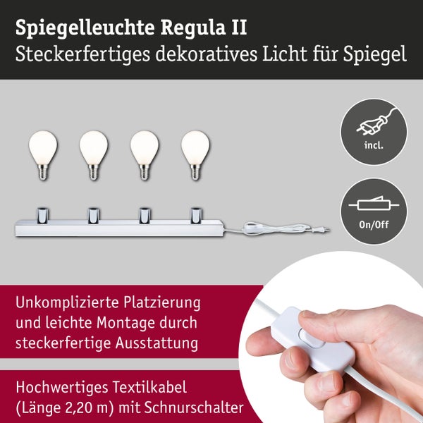 Steckerfertige Spiegelleuchte Regula II mit vier Leuchtmitteln, Schnurschalter und 2,20 Meter Textilkabel.