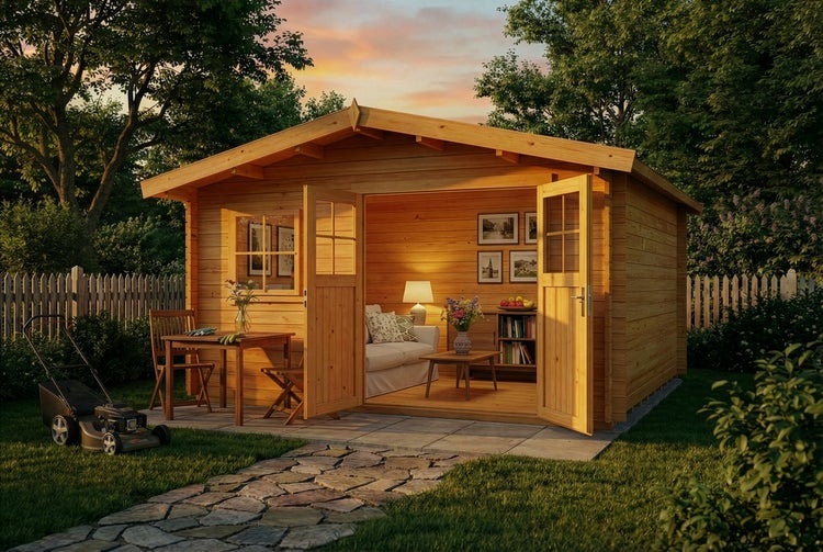 Holzgartenhaus mit geöffneten Türen, Gartenmöbeln und Rasenmäher im Garten