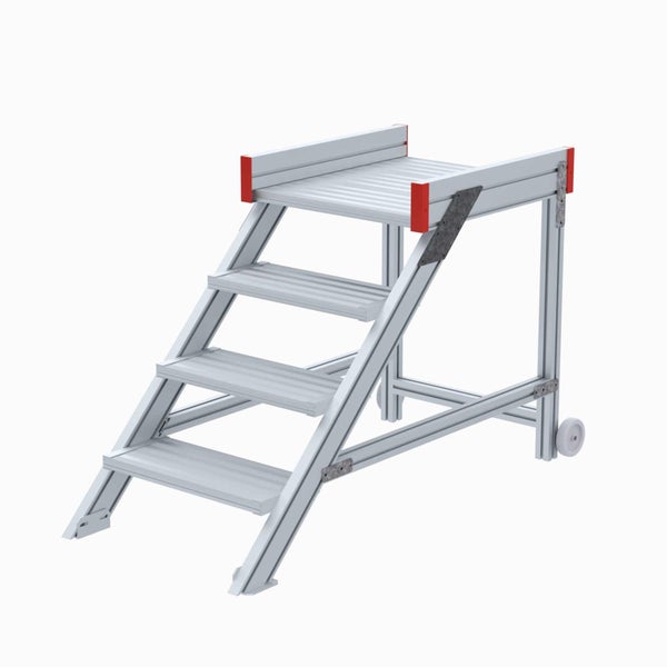 Mobile Arbeitsplattform aus Aluminium mit vier Stufen und Rollen für einfachen Transport.