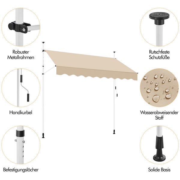Markise mit robustem Metallrahmen, Handkurbel, Befestigungslöchern, rutschfesten Schutzfüßen, wasserabweisendem Stoff und solider Basis