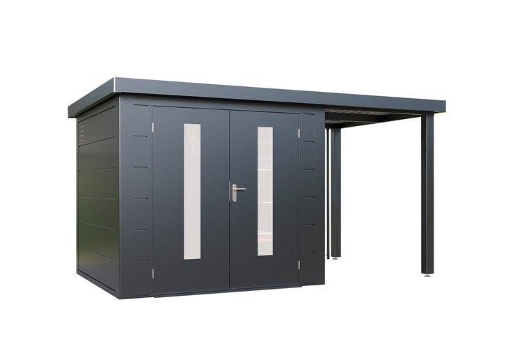 Modernes Metallgerätehaus mit Doppeltür und integriertem Schleppdach für zusätzlichen Stauraum im Garten.