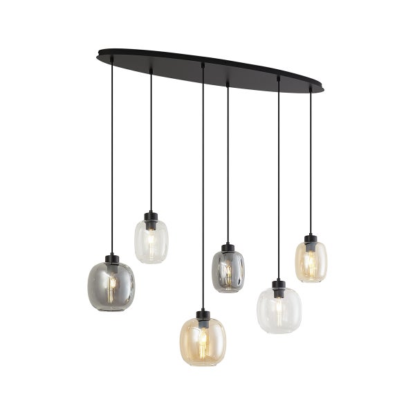 Moderne 6-flammige Pendelleuchte mit runden Glasschirmen in verschiedenen Farben und Höhen, schwarze ovale Deckenhalterung.