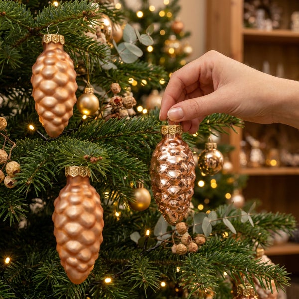 Hand hängt einen tannenzapfenförmigen Weihnachtsschmuck in einen Tannenbaum mit Lichtern