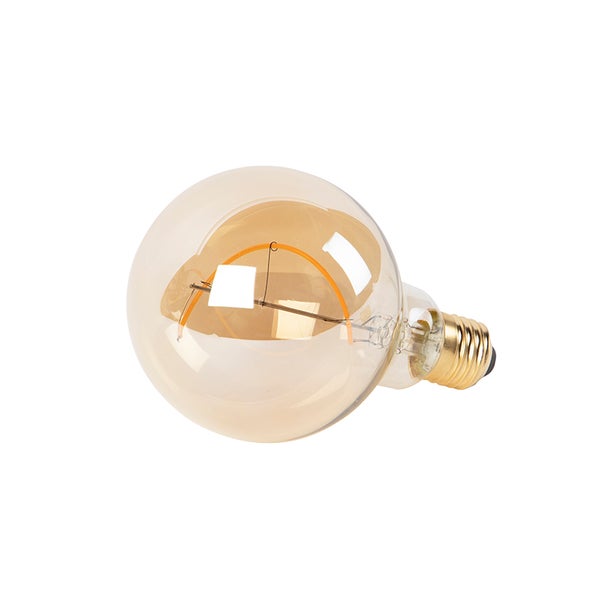 LED-Globelampe mit E27-Sockel, bernsteinfarbenem Glas und gebogenem Filament.