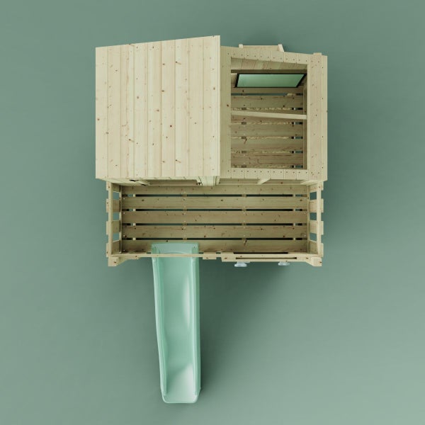 Draufsicht eines Spielhauses aus Holz mit Rutsche