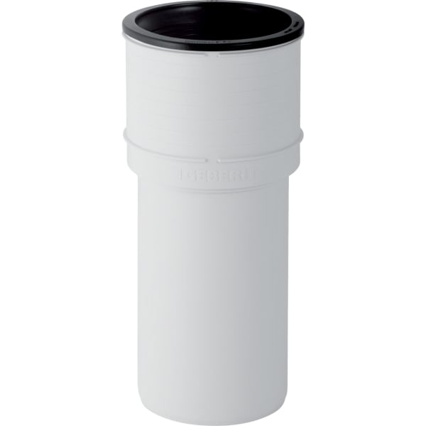 Geberit Anschlussstutzen für die Toilette aus weißem Kunststoff mit schwarzer Dichtung.