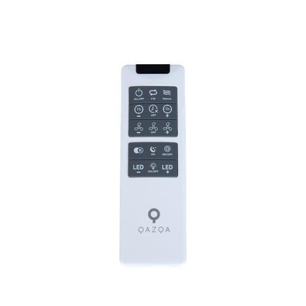 Fernbedienung für Deckenventilatoren mit Tasten für Lichtsteuerung, Ventilatorgeschwindigkeit, Timer und Farbtemperatur, Qazqa Logo.
