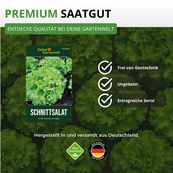 Deine Gartenwelt Logo, Premium Saatgut Schnittsalat, frei von Gentechnik, ungebeizt, ertragreiche Sorte, hergestellt in Deutschland.
