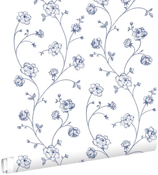 ESTAhome Tapete Toile de Jouy Rosen Weiß und Blau - 0,53 x 10,05 m - 139300