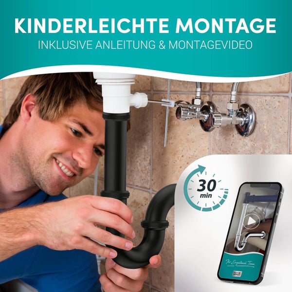Engelbach® Siphon für Waschbecken - Extra Lang 200mm -  1 1/4 inkl. Gummimanschette mit Montage-Video - Schwarz