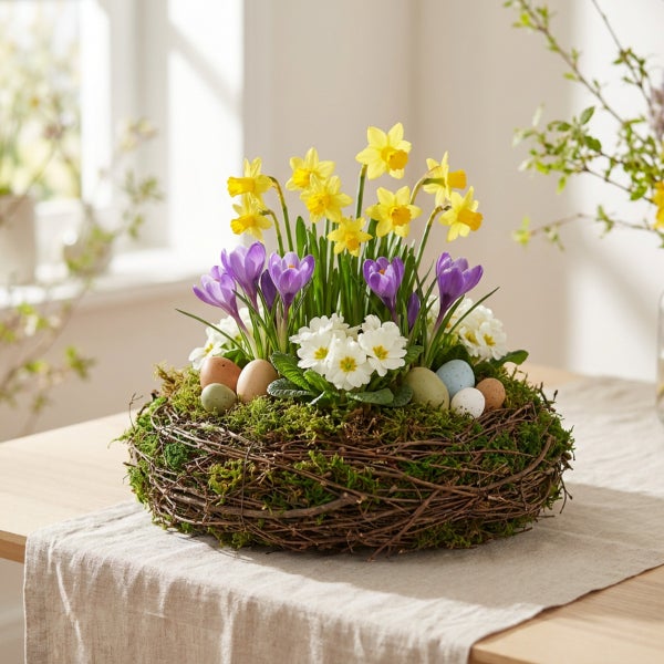 Ostergesteck aus einem Reisignest mit Narzissen, Krokussen, Primeln und Ostereiern als frühlingshafte Tischdekoration.