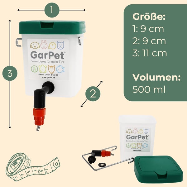 GarPet Logo; Illustration mit Maßangaben und Volumenangabe für einen 500 ml Wassertank für Kleintiere