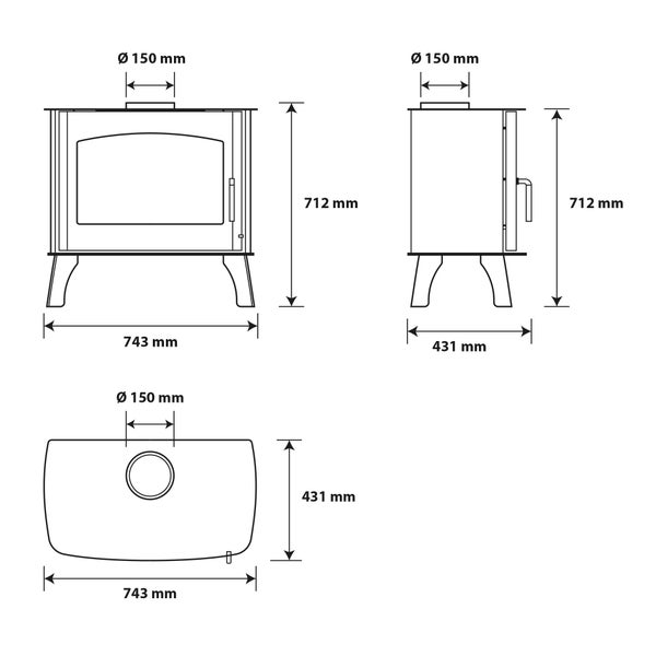 Kaminofen Maßzeichnung: Höhe 712 Millimeter, Breite 743 Millimeter, Tiefe 431 Millimeter, Rauchrohr Durchmesser 150 Millimeter.